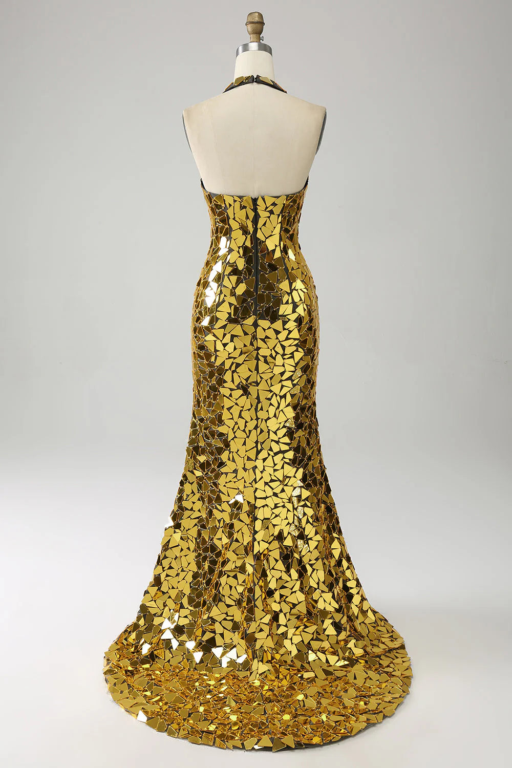 Golden Mermaid Halter Backless Mirror Prom Dress With High Slit