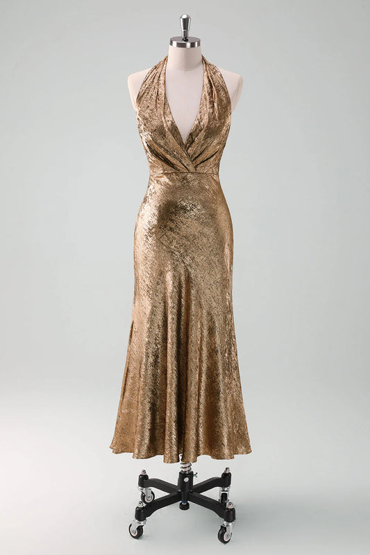 Golden Mermaid Halter Neck Midi Wedding Guest Dress
