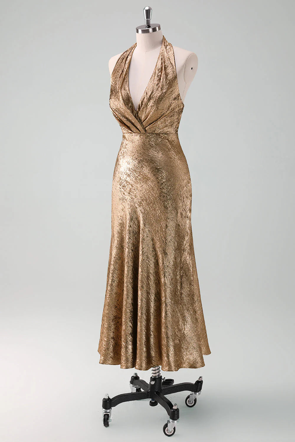 Golden Mermaid Halter Neck Midi Wedding Guest Dress