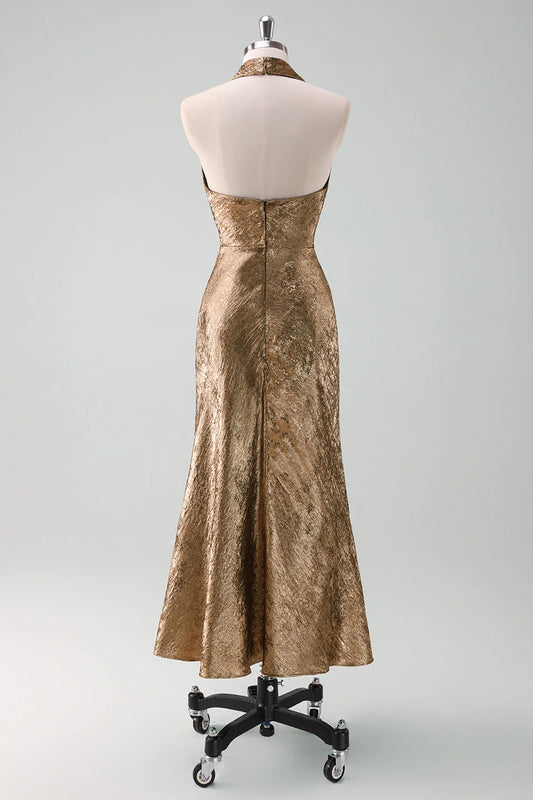 Golden Mermaid Halter Neck Midi Wedding Party Guest Dress