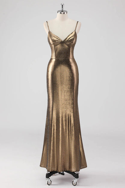Golden Mermaid Spaghetti Straps Long Formal Dress with Beading