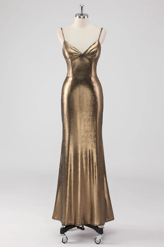 Golden Mermaid Spaghetti Straps Long Formal Dress with Beading