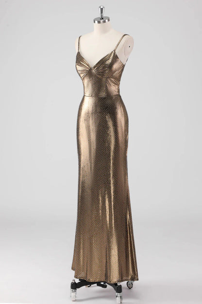 Golden Mermaid Spaghetti Straps Long Formal Dress with Beading