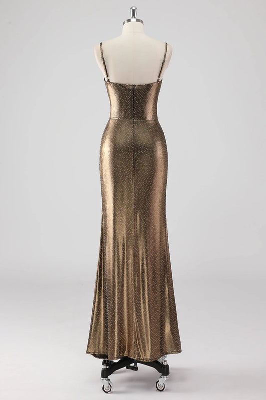 Golden Mermaid Spaghetti Straps Long Formal Dress with Beading