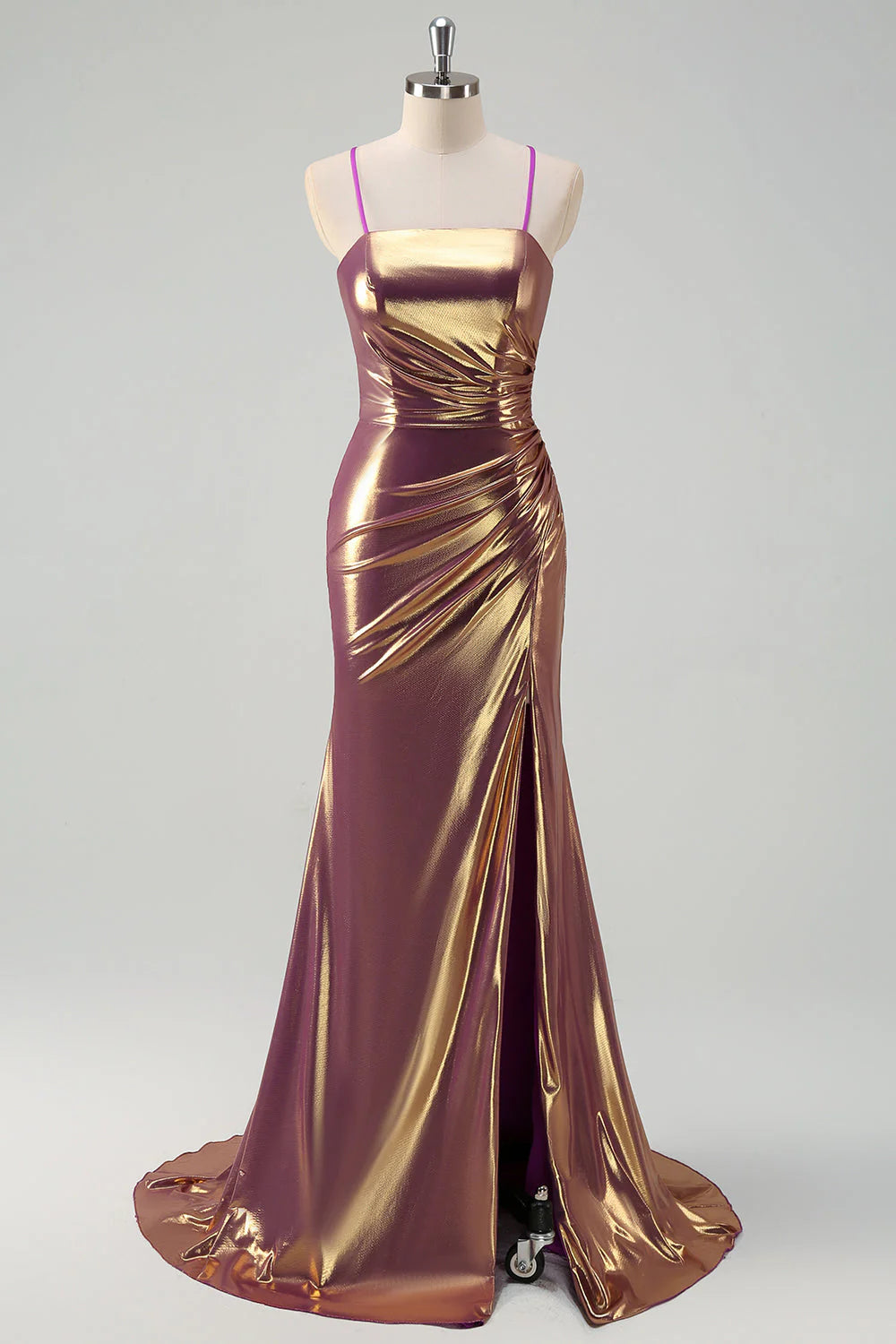 Golden Mermaid Spaghetti Straps Long Metallic Prom Dress with Slit
