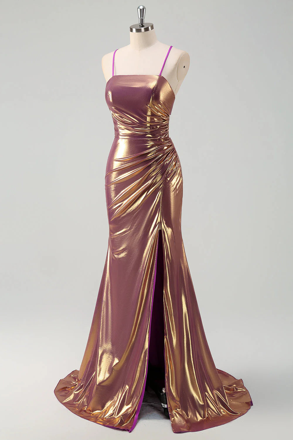 Golden Mermaid Spaghetti Straps Long Metallic Prom Dress with Slit