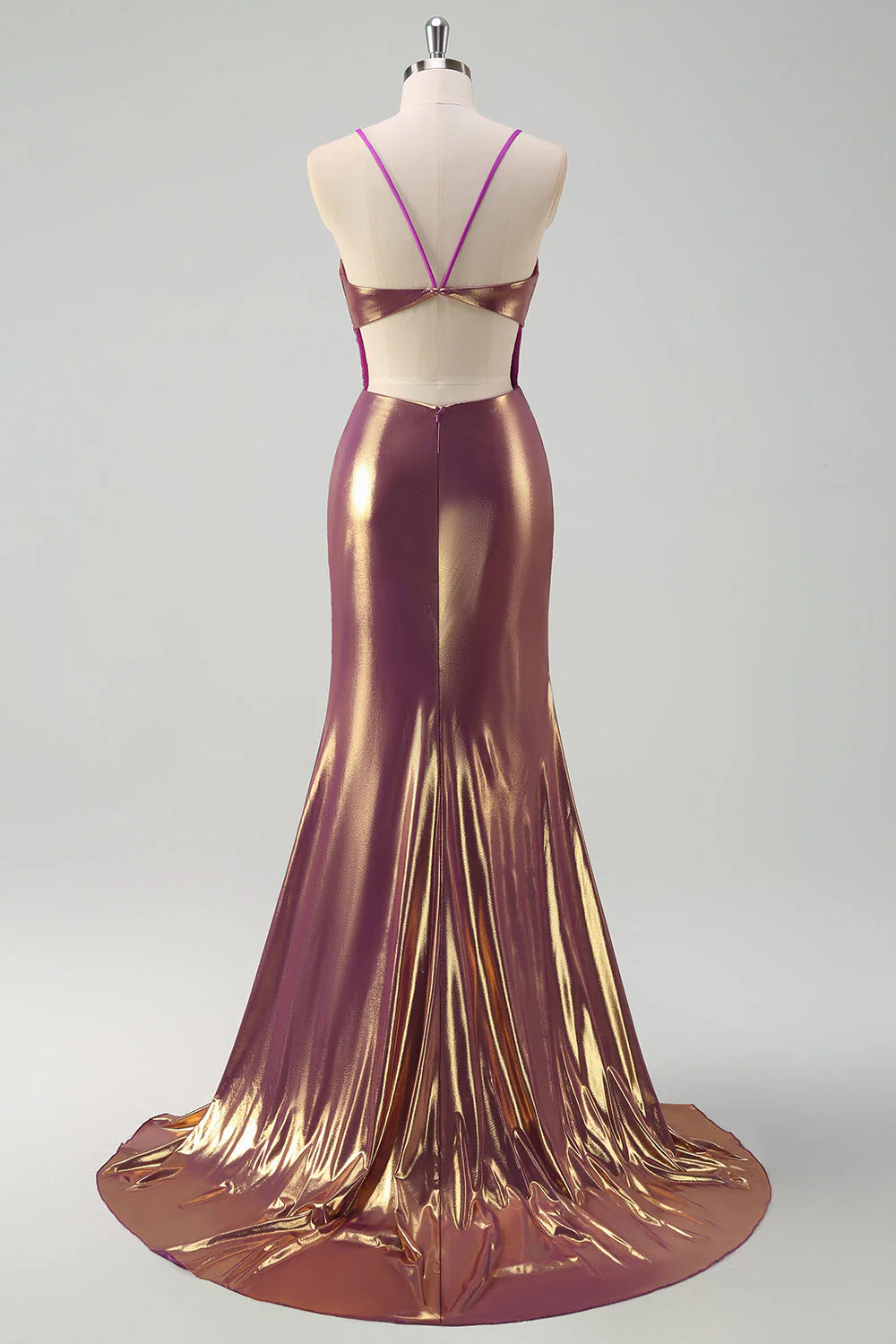 Golden Mermaid Spaghetti Straps Long Metallic Prom Dress with Slit