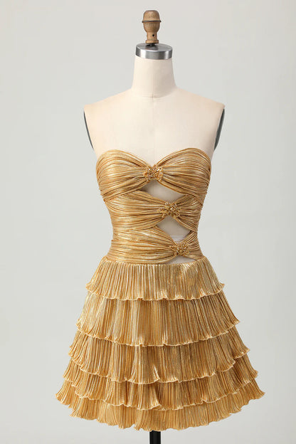 Golden Tiered Cut Out Pleated A-line Strapless Homecoming Dress