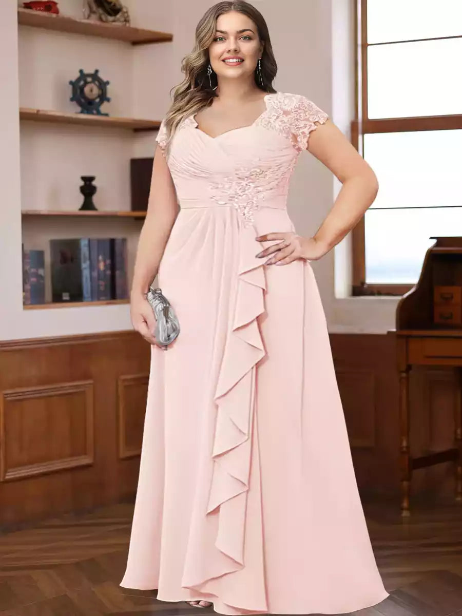 Gorgeous A-line/princess style sweetheart collar short sleeved plus size decal and ruffled Mother of the Bride Dresses