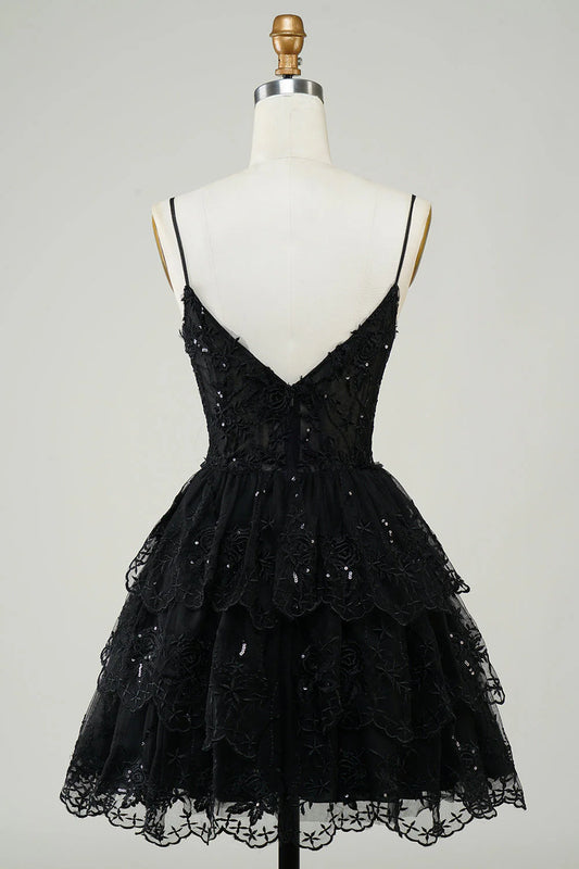 Thin suspender A-line sequined layered tight corset short skirt