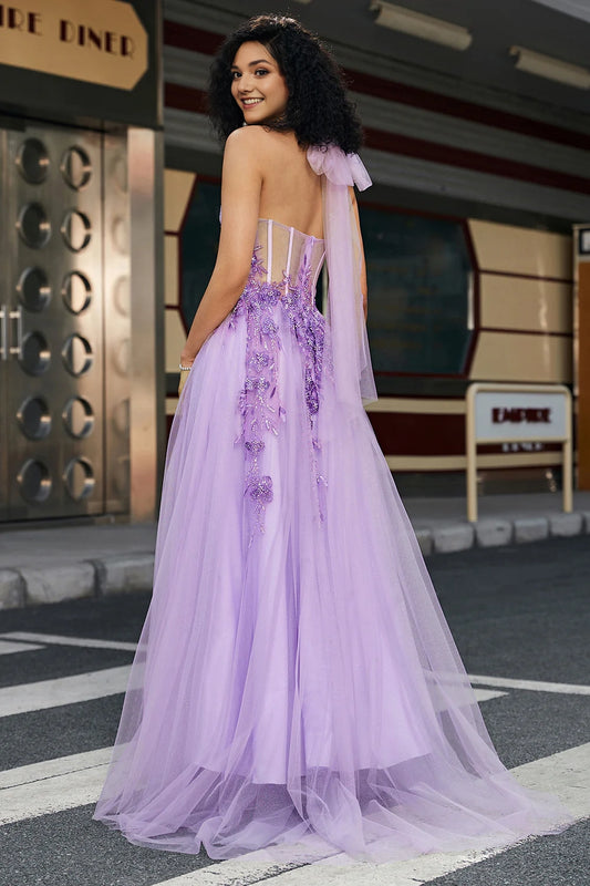 Gorgeous Grey Purple A Line Halter Neck Corset Prom Dress with Slit