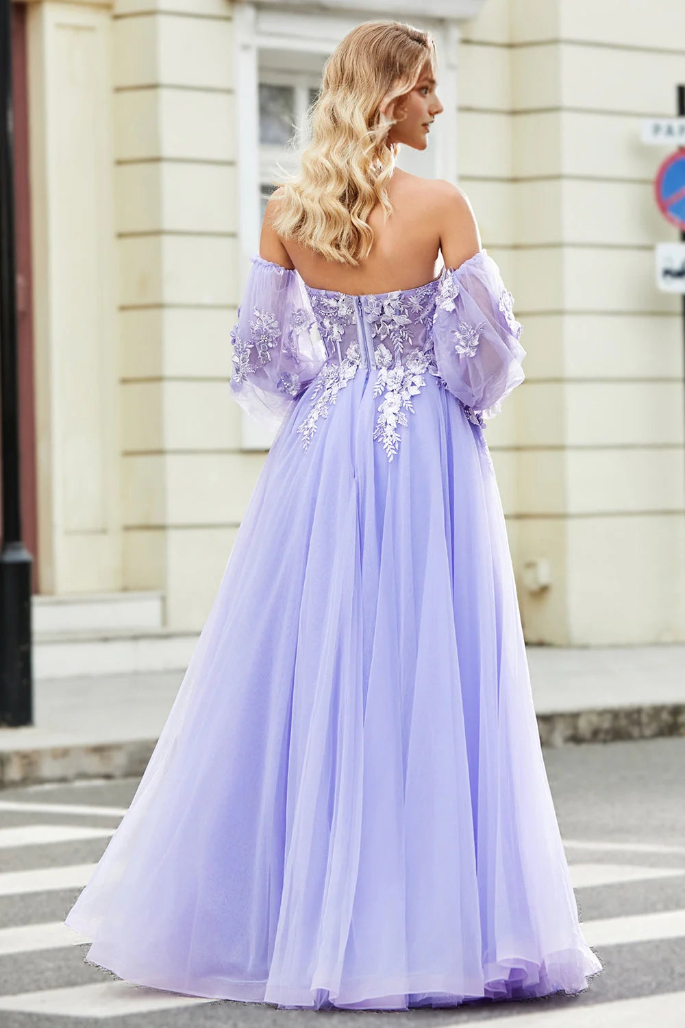 Gorgeous Lavender A Line Off the Shoulder Corset Prom Dress with Appliques