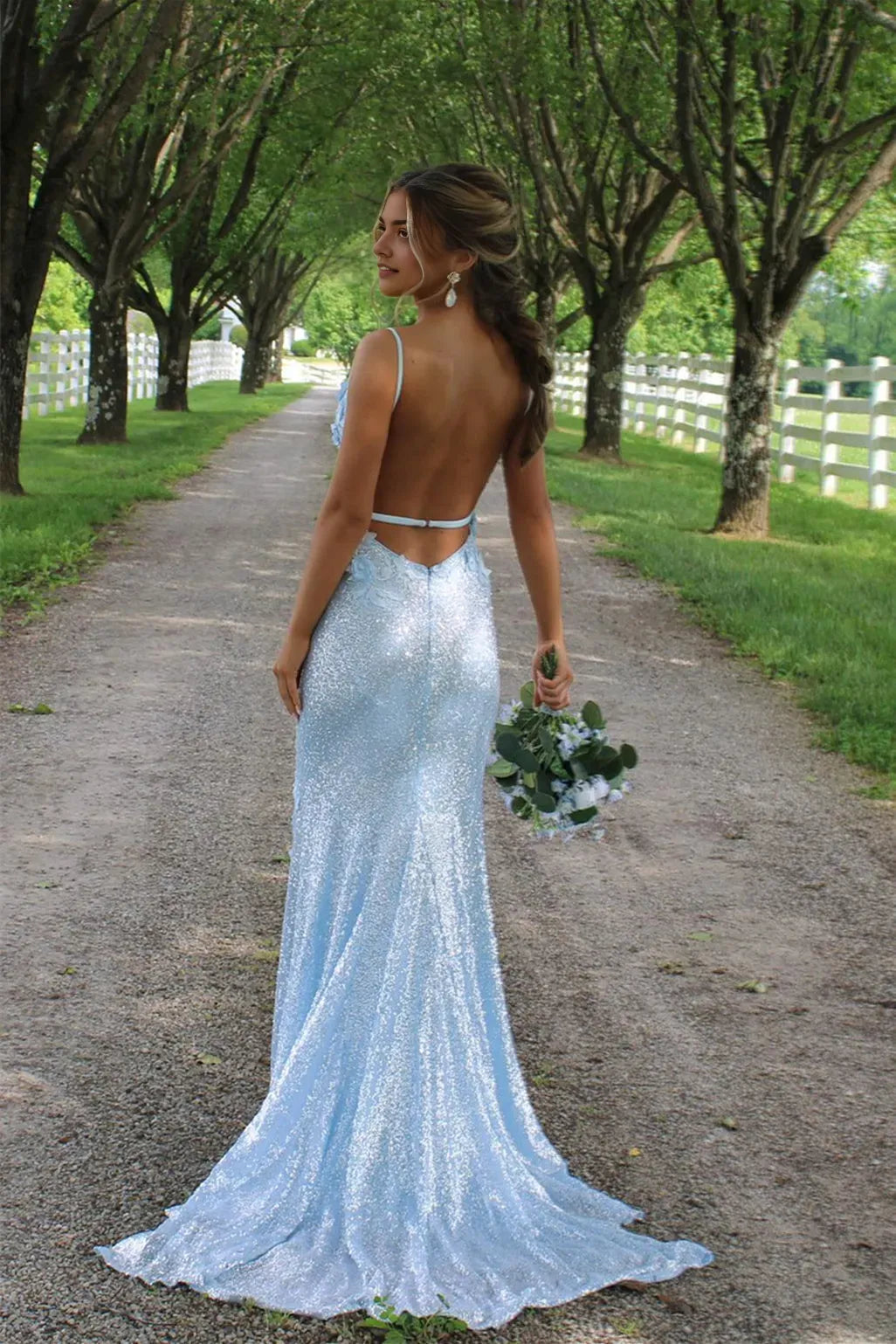 Gorgeous Light Blue Mermaid Sweetheart Neck Sleeveless Corset Sequin Open Back Back Zip Full length Prom Dress