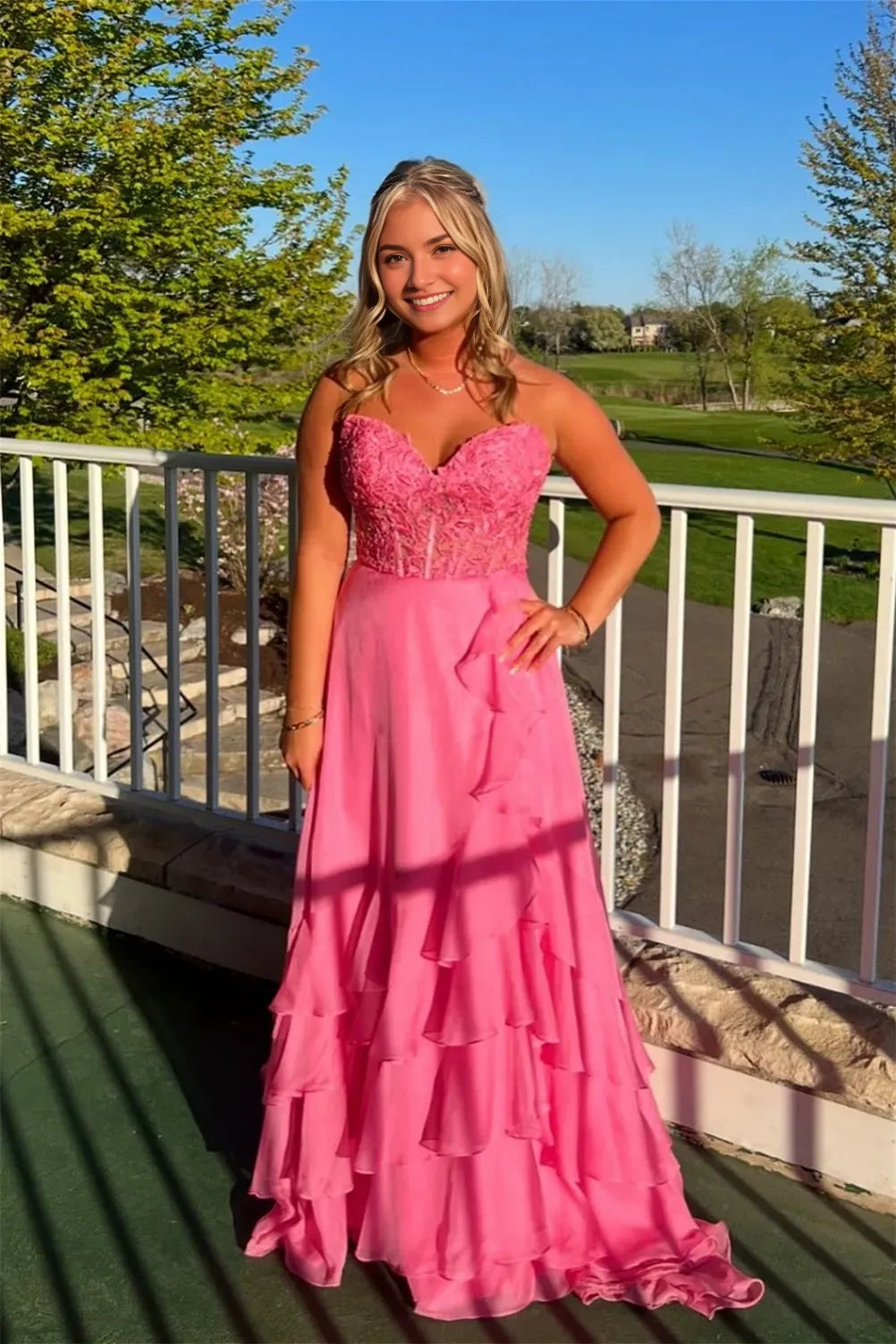 Gorgeous Pink Chiffon A-line Sweetheart Neck Sleeveless Appliques Ruffled Tiered Lace -Up Floor -Length Prom Dress