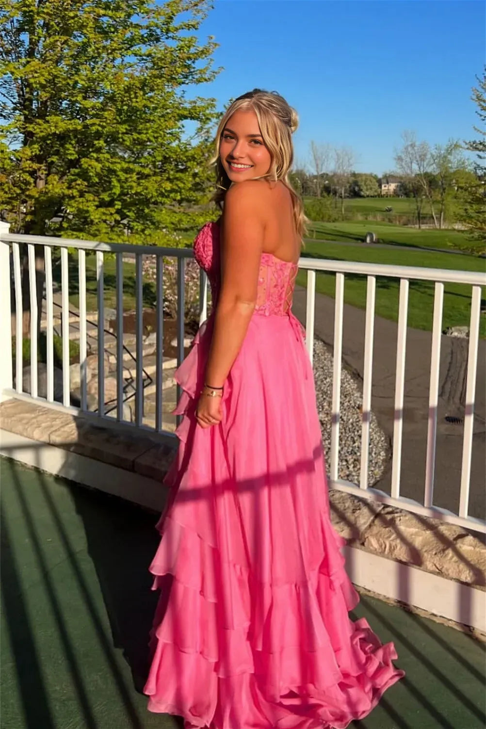 Gorgeous Pink Chiffon A-line Sweetheart Neck Sleeveless Appliques Ruffled Tiered Lace -Up Floor -Length Prom Dress