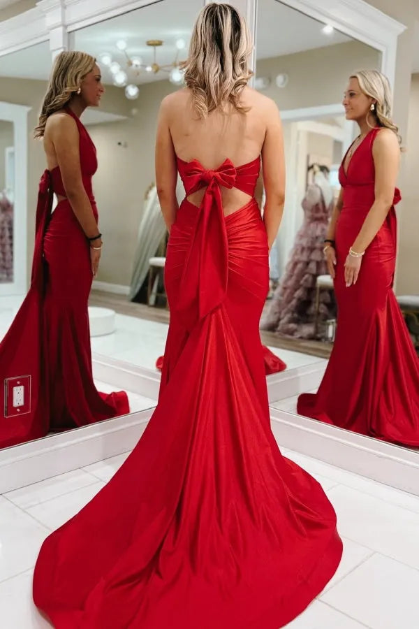 Gorgeous Red Satin Mermaid Deep V - Neck Halter Sleeveless Pleated Bow Back Floor- Length Prom Dresses