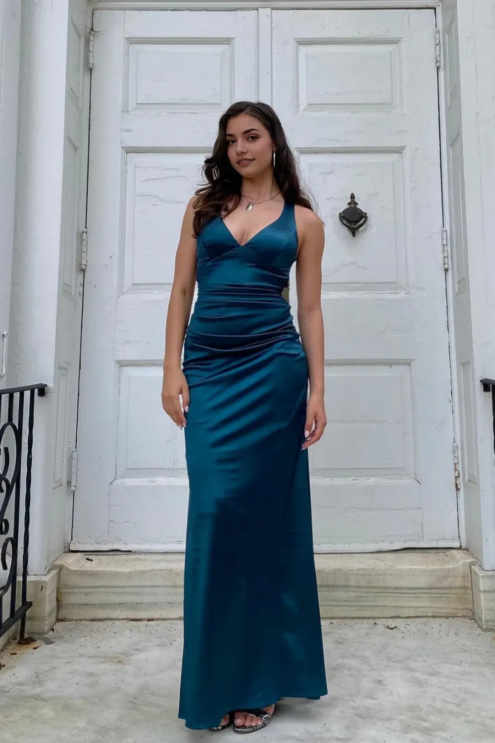 Gorgeous Sheath Satin Ink Blue V-Neck Sleeveless Criss-cross Floor length Prom Dresses With slit