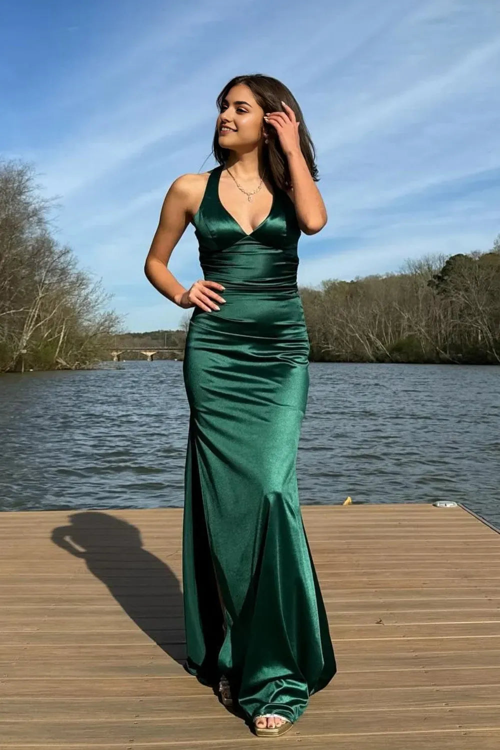 Gorgeous Sheath Satin Ink Blue V-Neck Sleeveless Criss-cross Floor length Prom Dresses With slit