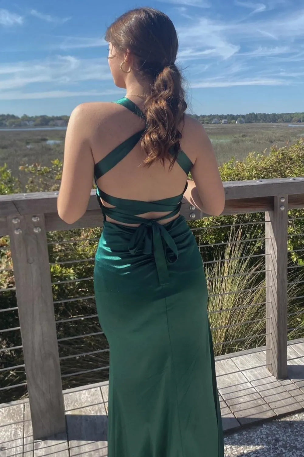Gorgeous Sheath Satin Ink Blue V-Neck Sleeveless Criss-cross Floor length Prom Dresses With slit