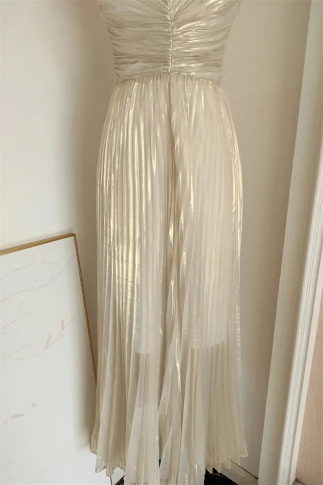Gorgeous Silver A -Line V-Neck Sleeveless Pleated Crisscross-Back Back Zip Floor - Length Prom Dresses