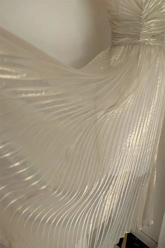 Gorgeous Silver A -Line V-Neck Sleeveless Pleated Crisscross-Back Back Zip Floor - Length Prom Dresses