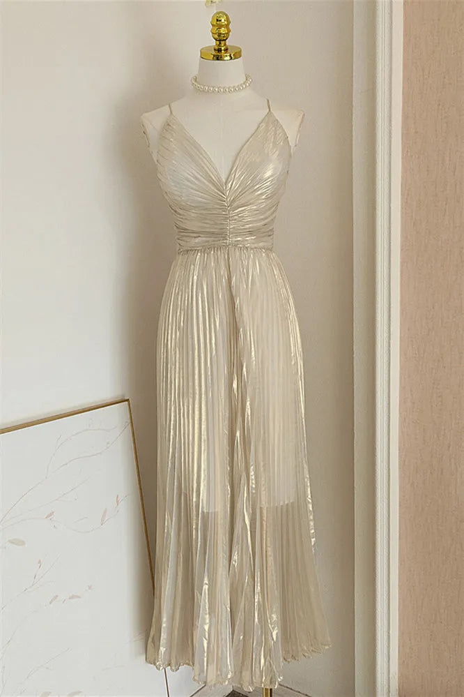 Gorgeous Silver A -Line V-Neck Sleeveless Pleated Crisscross-Back Back Zip Floor - Length Prom Dresses