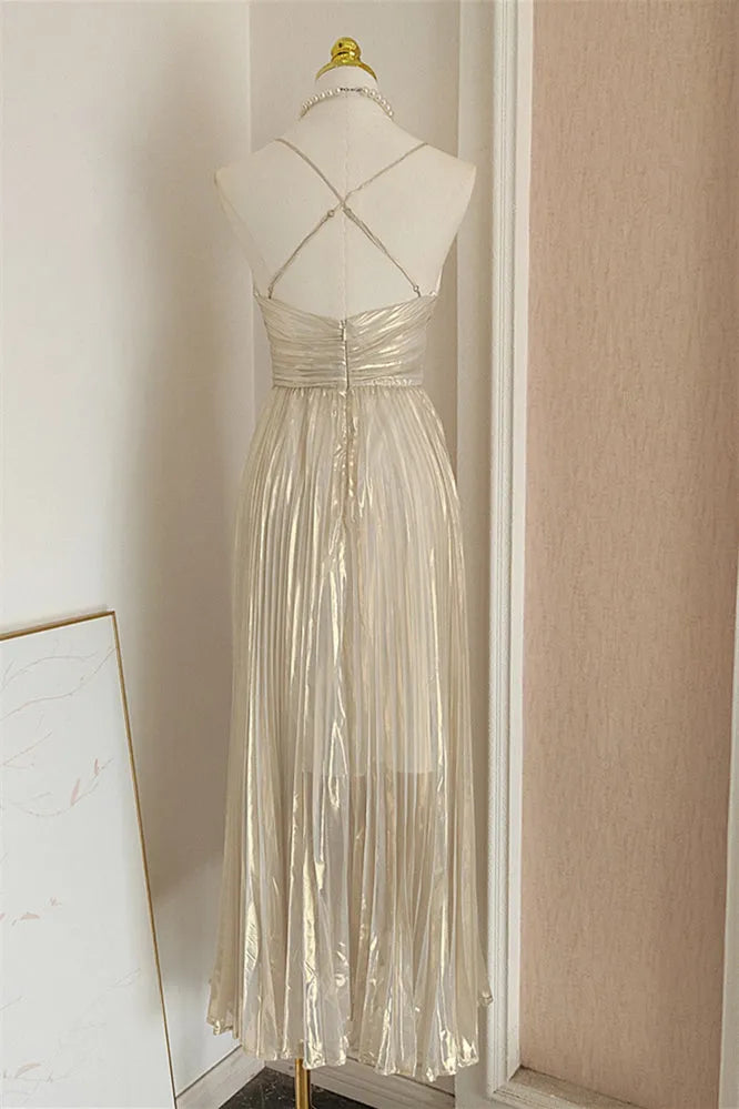 Gorgeous Silver A -Line V-Neck Sleeveless Pleated Crisscross-Back Back Zip Floor - Length Prom Dresses
