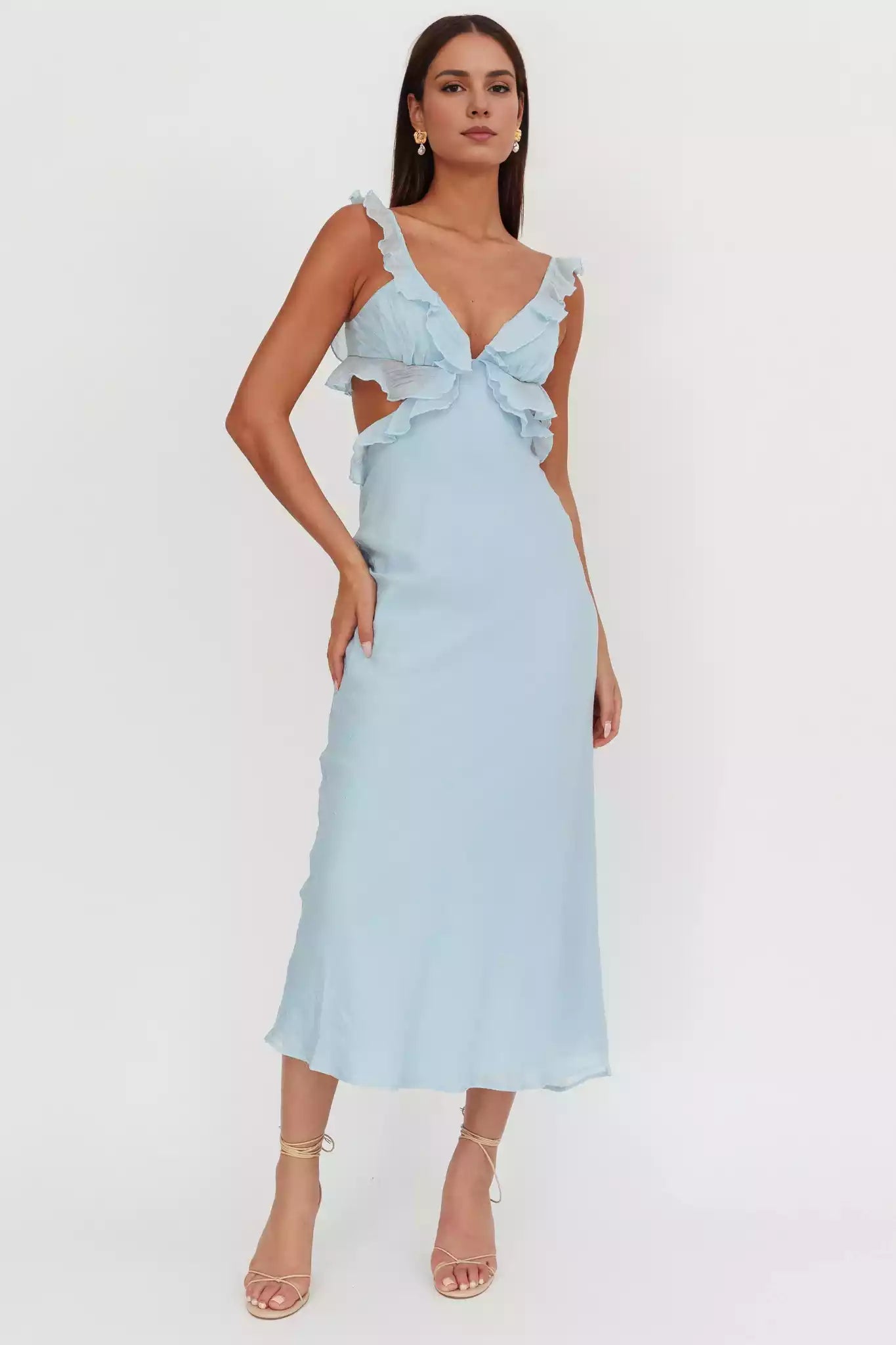 Gorgeous V-neck back hollowed out ruffle detailing pad with hidden back zipper Prom Dresses