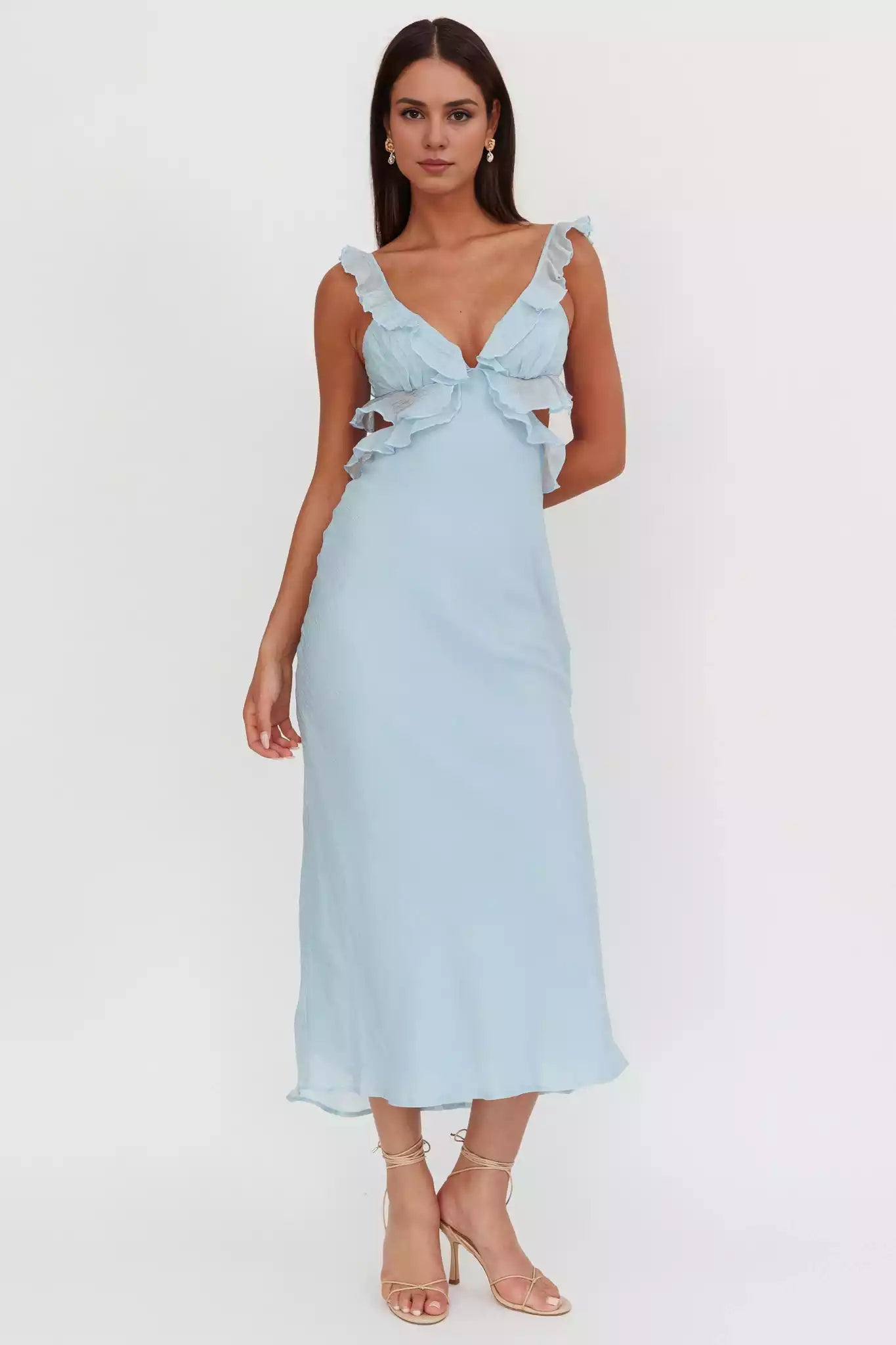 Gorgeous V-neck back hollowed out ruffle detailing pad with hidden back zipper Prom Dresses
