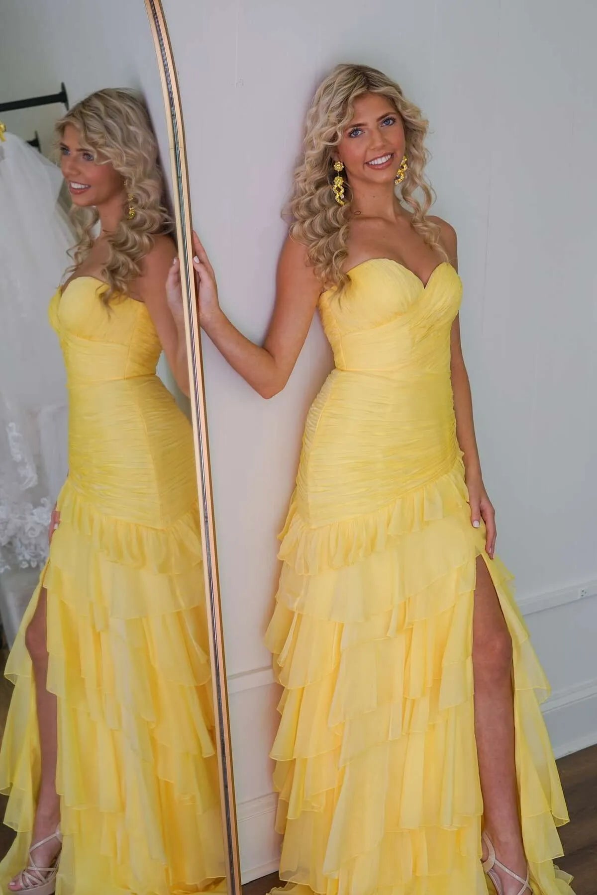 Gorgeous Yellow Chiffon A-line Sweetheart Neck Sleeveless Ruffle Tiered Back Zip Floor - Length Prom Dress  with Slit