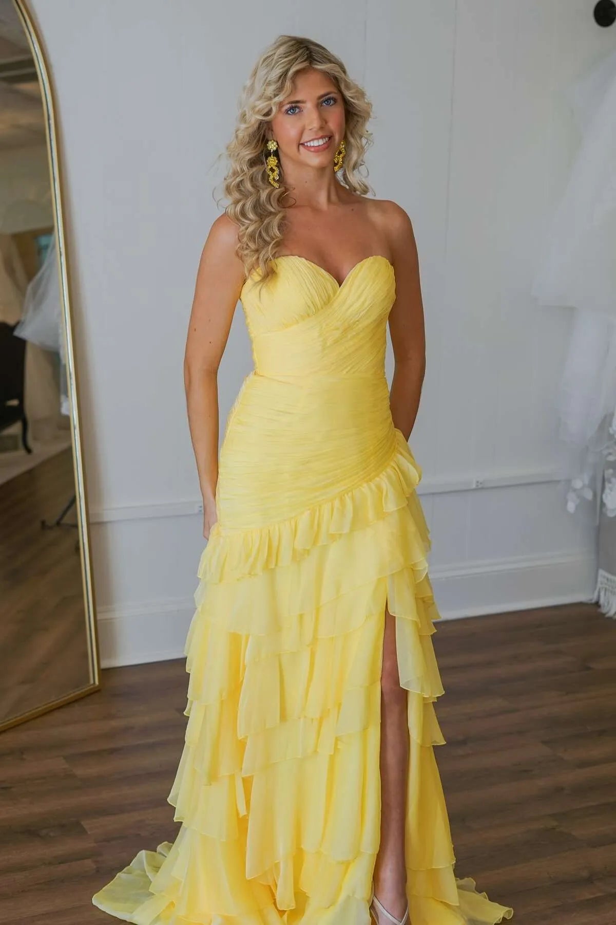 Gorgeous Yellow Chiffon A-line Sweetheart Neck Sleeveless Ruffle Tiered Back Zip Floor - Length Prom Dress  with Slit