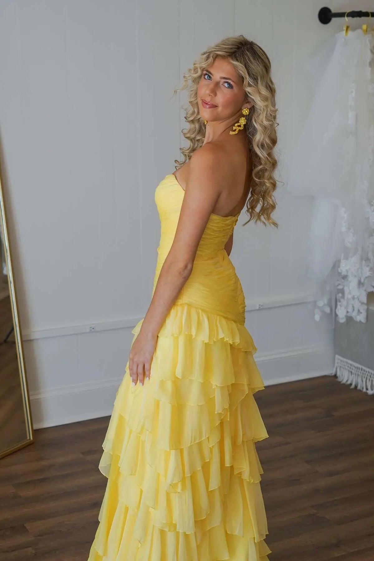 Gorgeous Yellow Chiffon A-line Sweetheart Neck Sleeveless Ruffle Tiered Back Zip Floor - Length Prom Dress  with Slit
