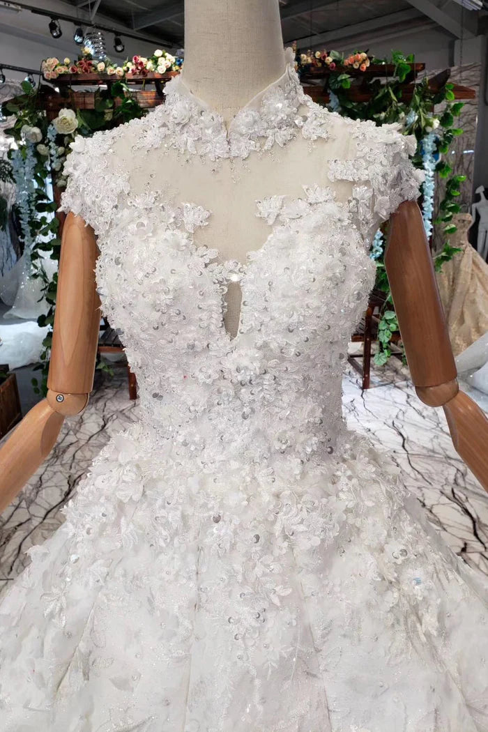 Gorgeous High Neck Ball Gown Cap Sleeves Wedding Dresses with Beading
