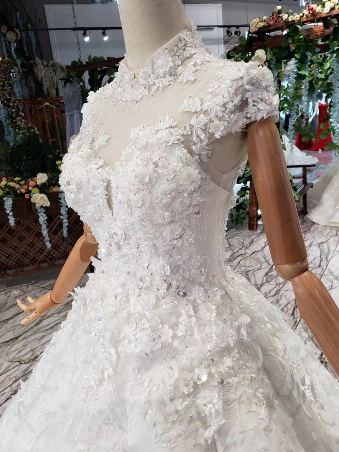 Gorgeous High Neck Ball Gown Cap Sleeves Wedding Dresses with Beading