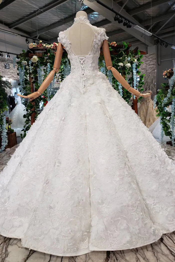 Gorgeous High Neck Ball Gown Cap Sleeves Wedding Dresses with Beading