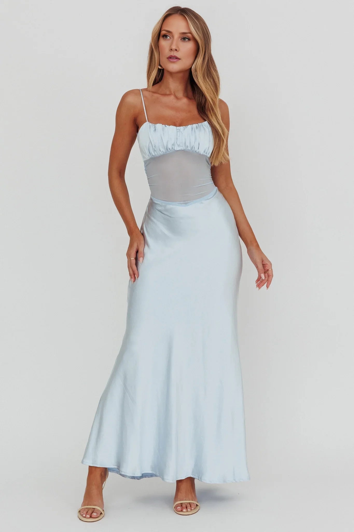 Gorgeous adjustable shoulder straps, mesh waist, side zipper bridesmaid dress
