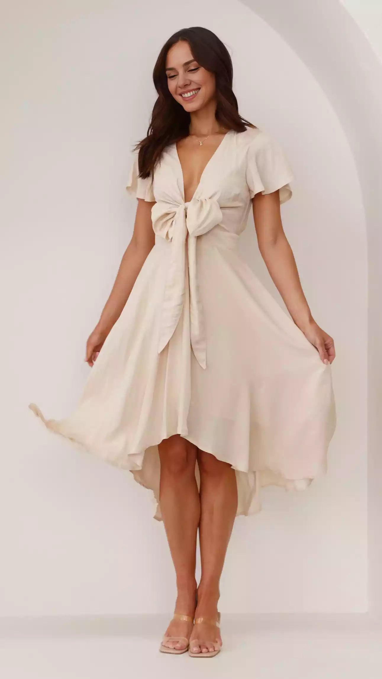 Gorgeous butterfly sleeves, satin flowing skirt, cinched waist, hidden zipper on the back, Prom Dresses