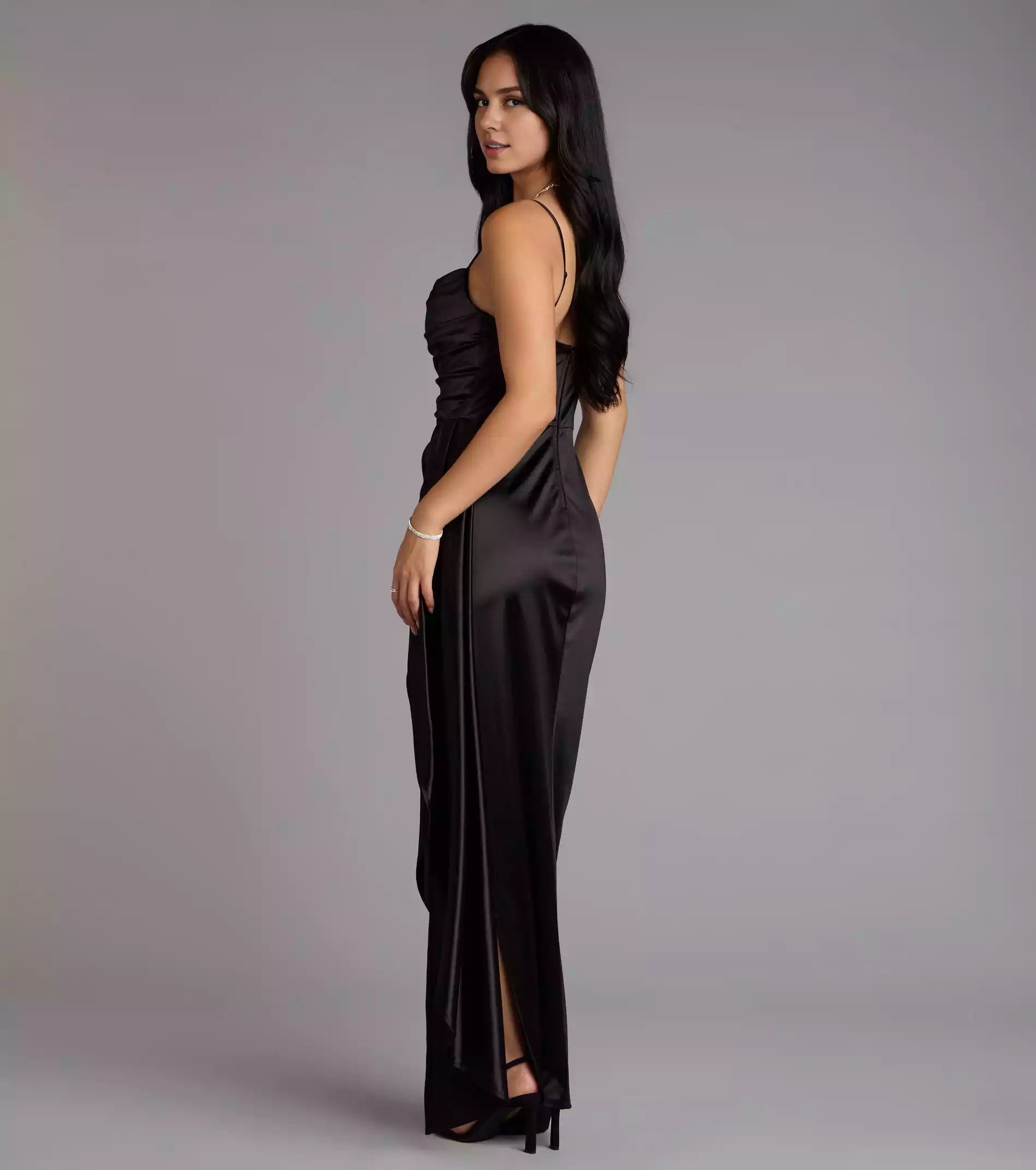Gorgeous elastic satin pleated high neck slim shoulder strap mermaid side pendant waist belt and Prom Dresses floor