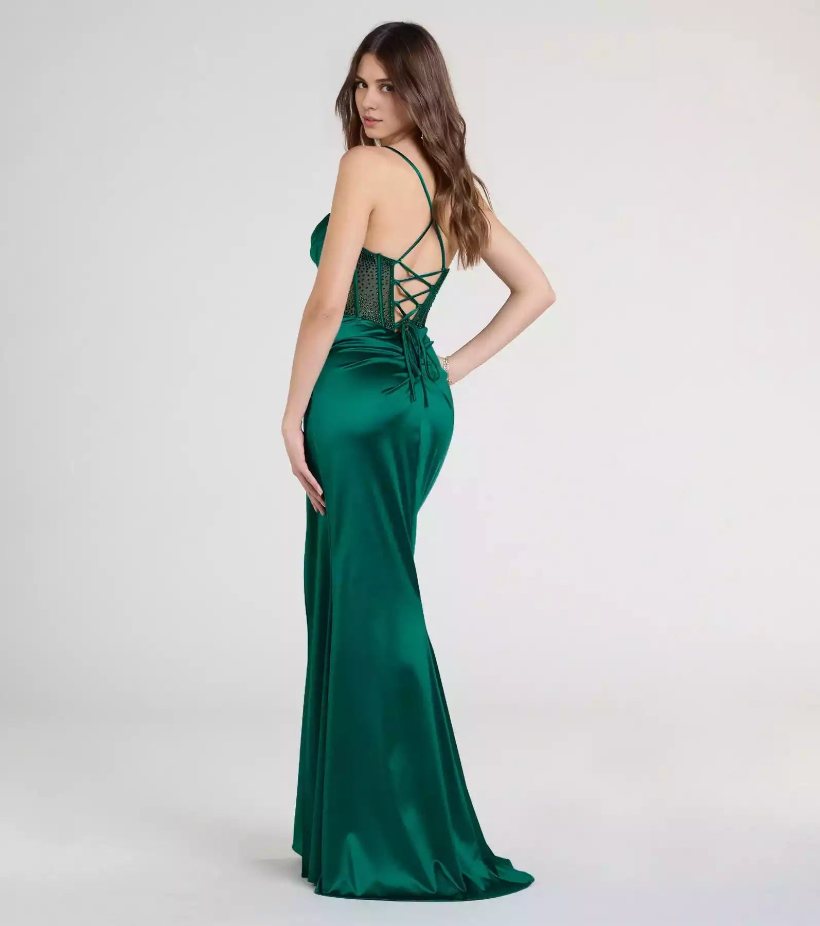 Gorgeous elastic satin with adjustable neckline, thin shoulder straps, transparent mesh, tight fitting corset, slim cut, front high slit Prom Dresses