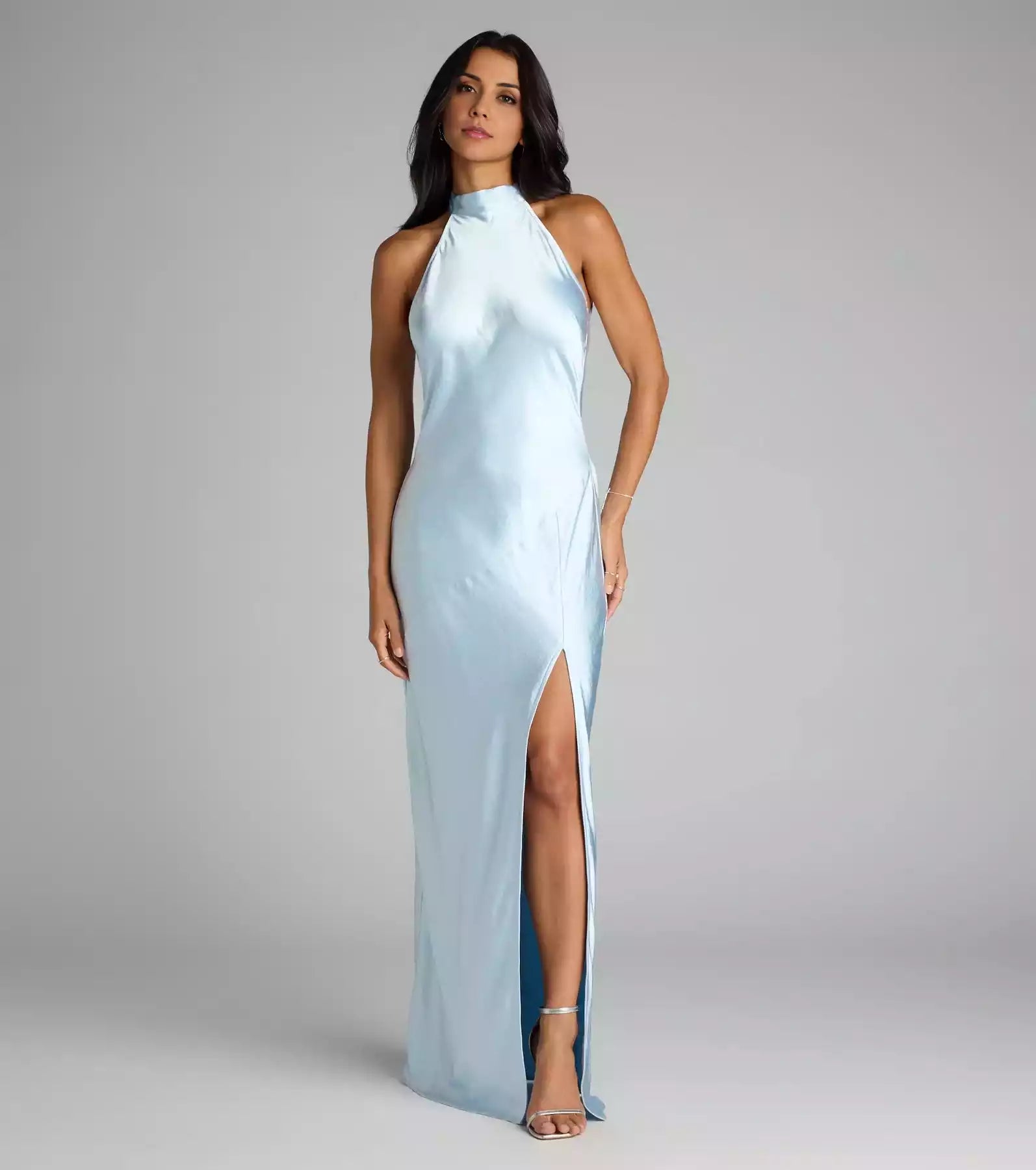 Gorgeous high-quality satin backless neckline, close fitting contour, high slit and floor Bridesmaid Dresses