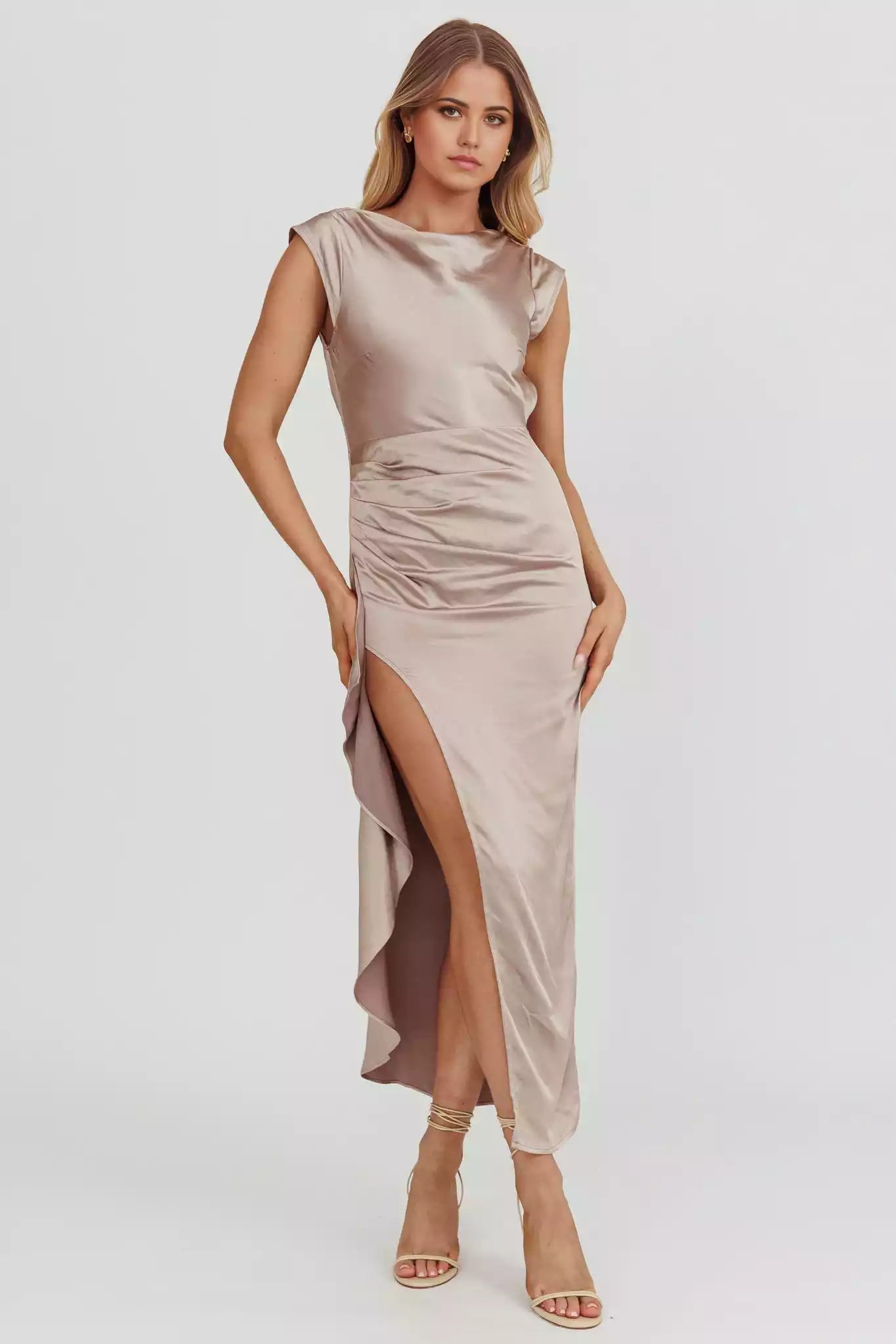 Gorgeous leg slits with a full sense of drape, unlined concealed side zipper with tie scarf Prom Dresses