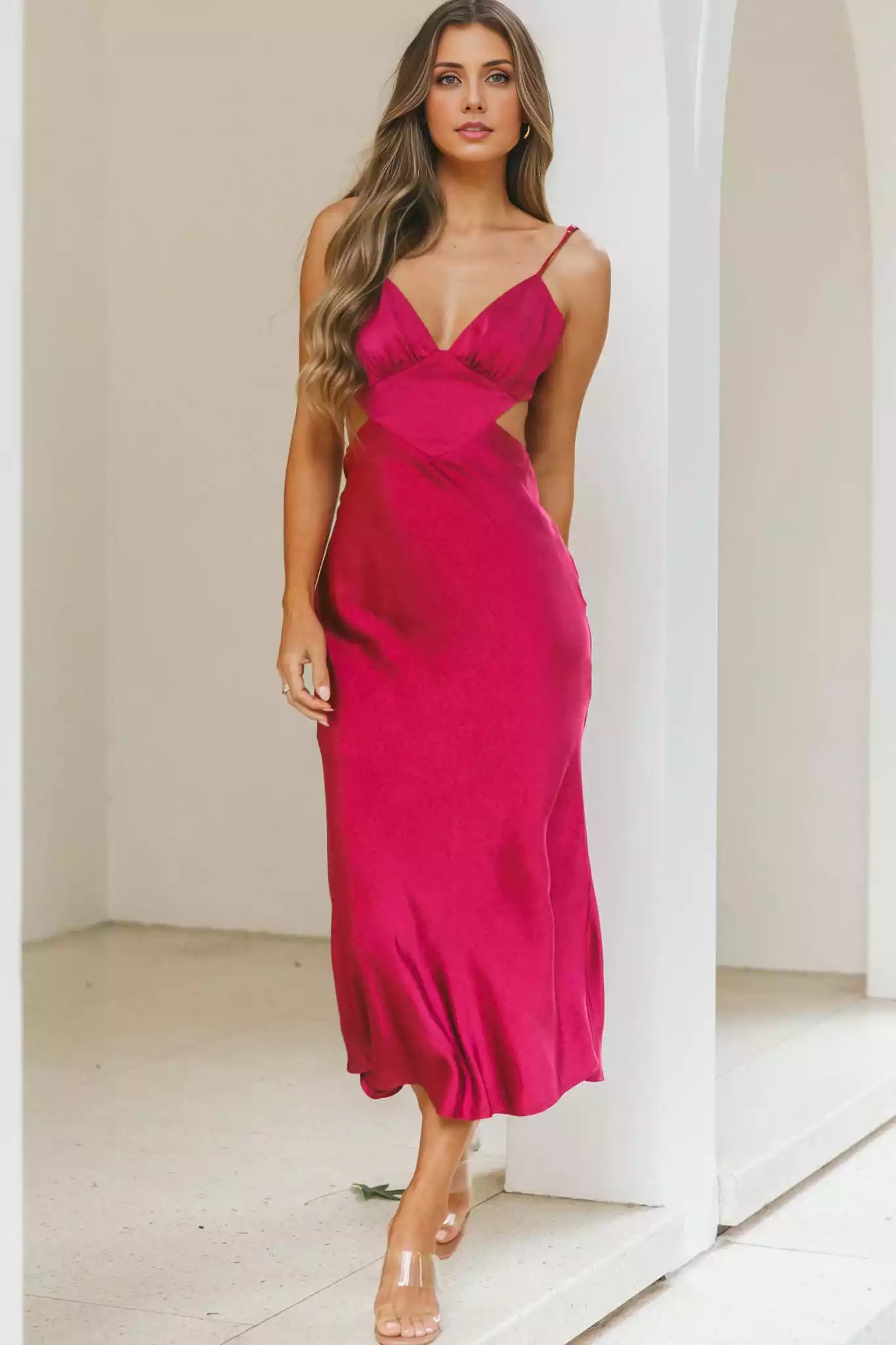 Gorgeous mid length adjustable suspender with hollowed out straps and zippered back and back Bridesmaid Dresses