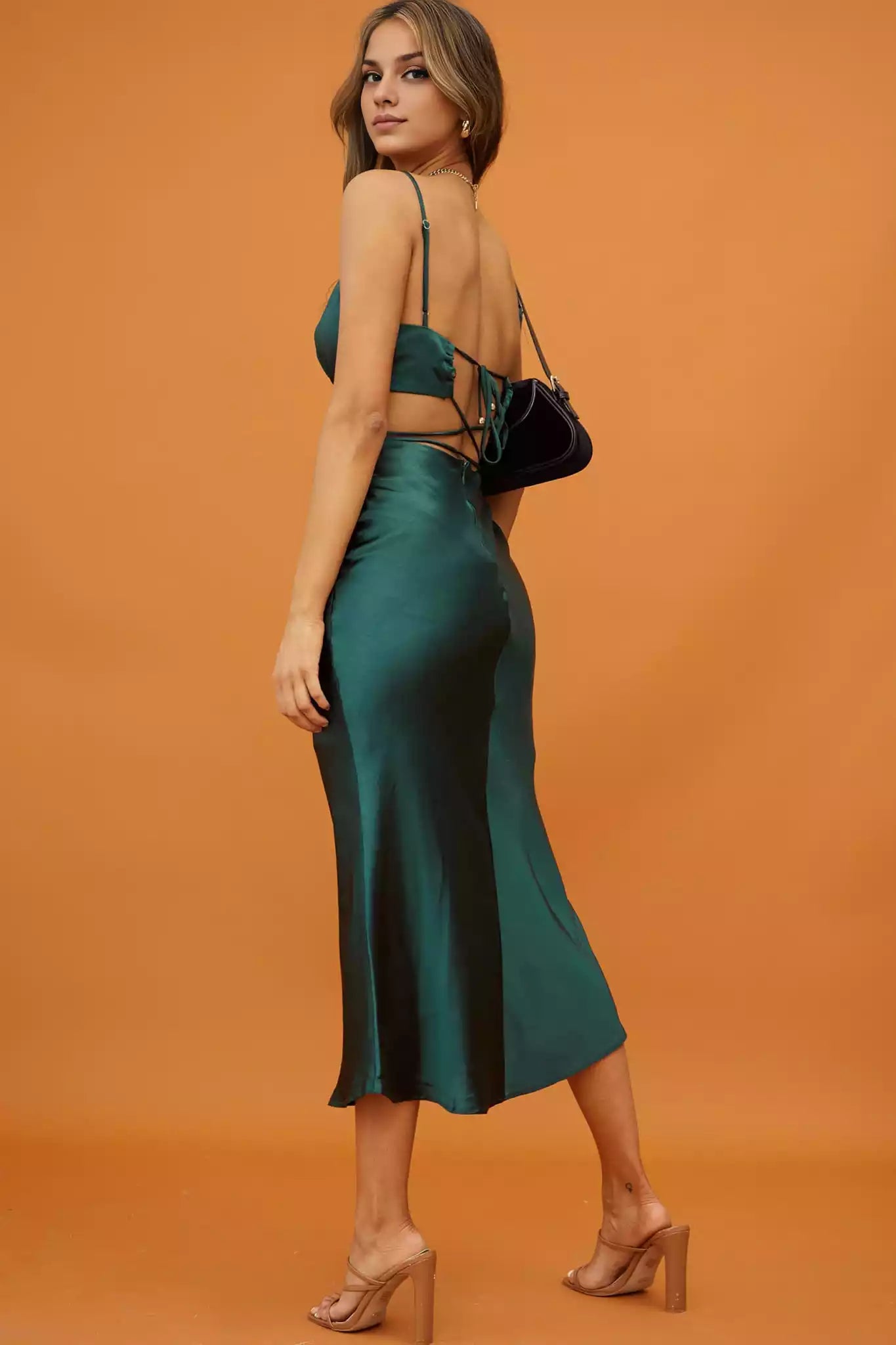 Gorgeous mid length adjustable suspender with hollowed out straps and zippered back and back Bridesmaid Dresses