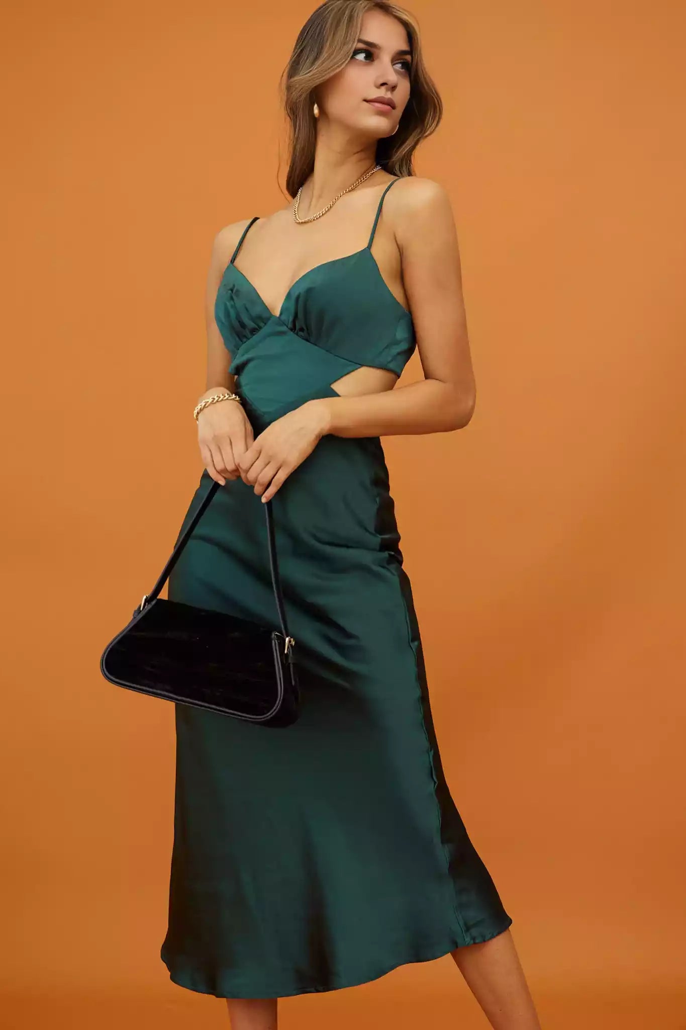 Gorgeous mid length adjustable suspender with hollowed out straps and zippered back and back Bridesmaid Dresses