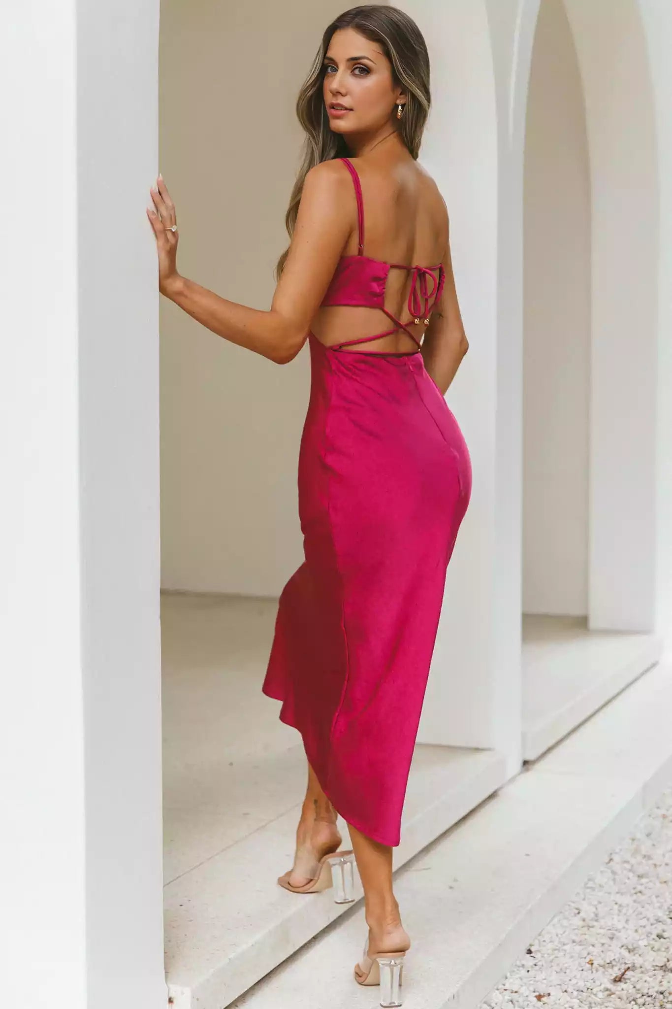 Gorgeous mid length adjustable suspender with hollowed out straps and zippered back and back Bridesmaid Dresses