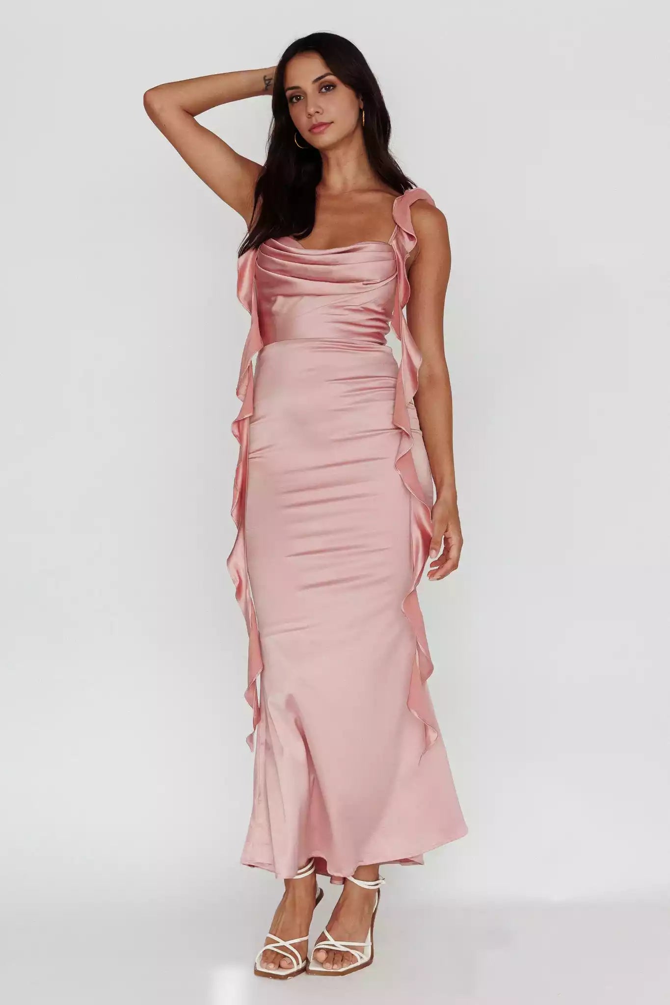 Gorgeous mid length lining with adjustable ruffle edge shoulder straps and pleated details, featuring zippered back Prom Dresses