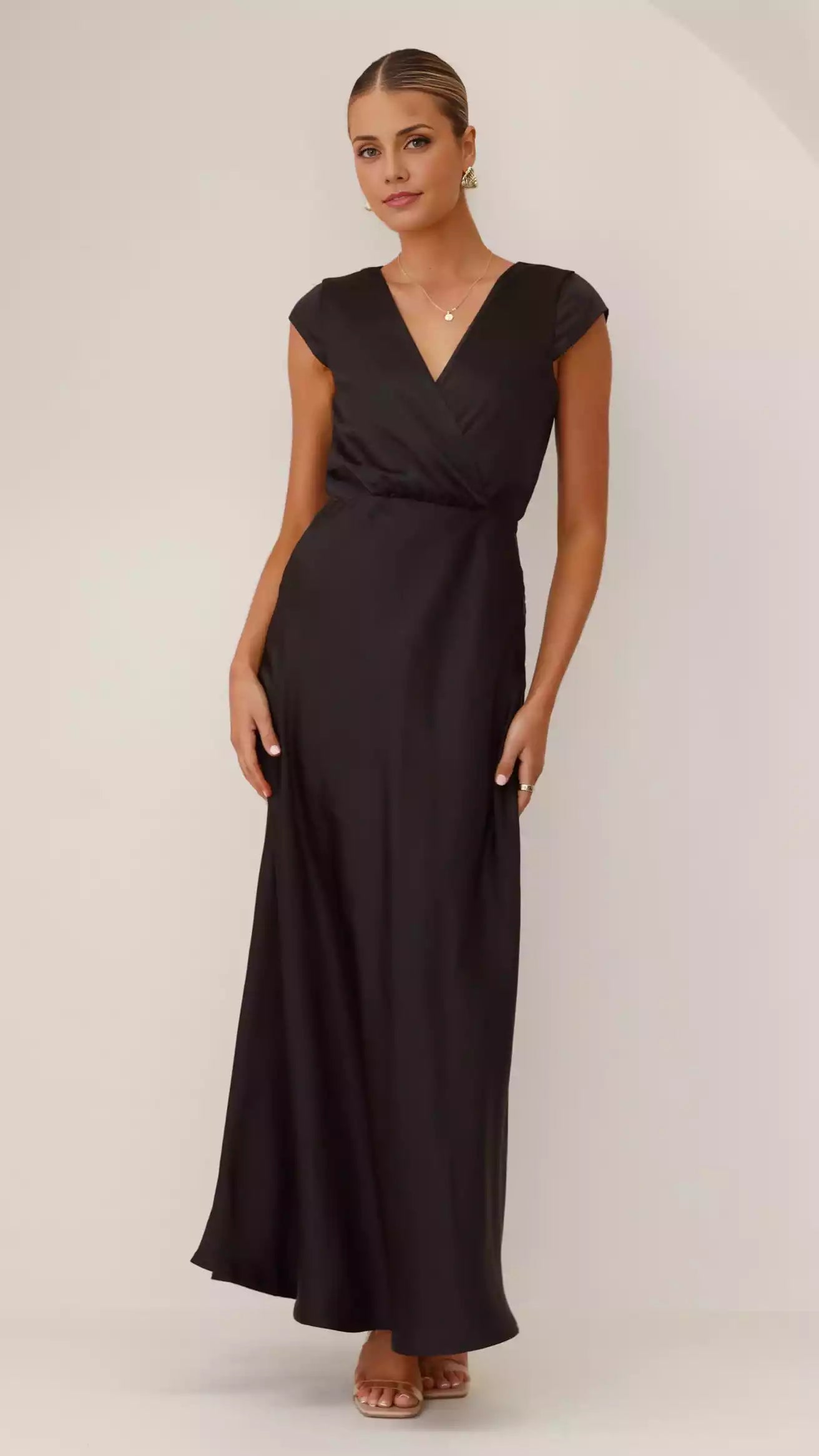 Gorgeous mini sleeves, deep V-neck, chest hugging, invisible side zipper Prom Dresses