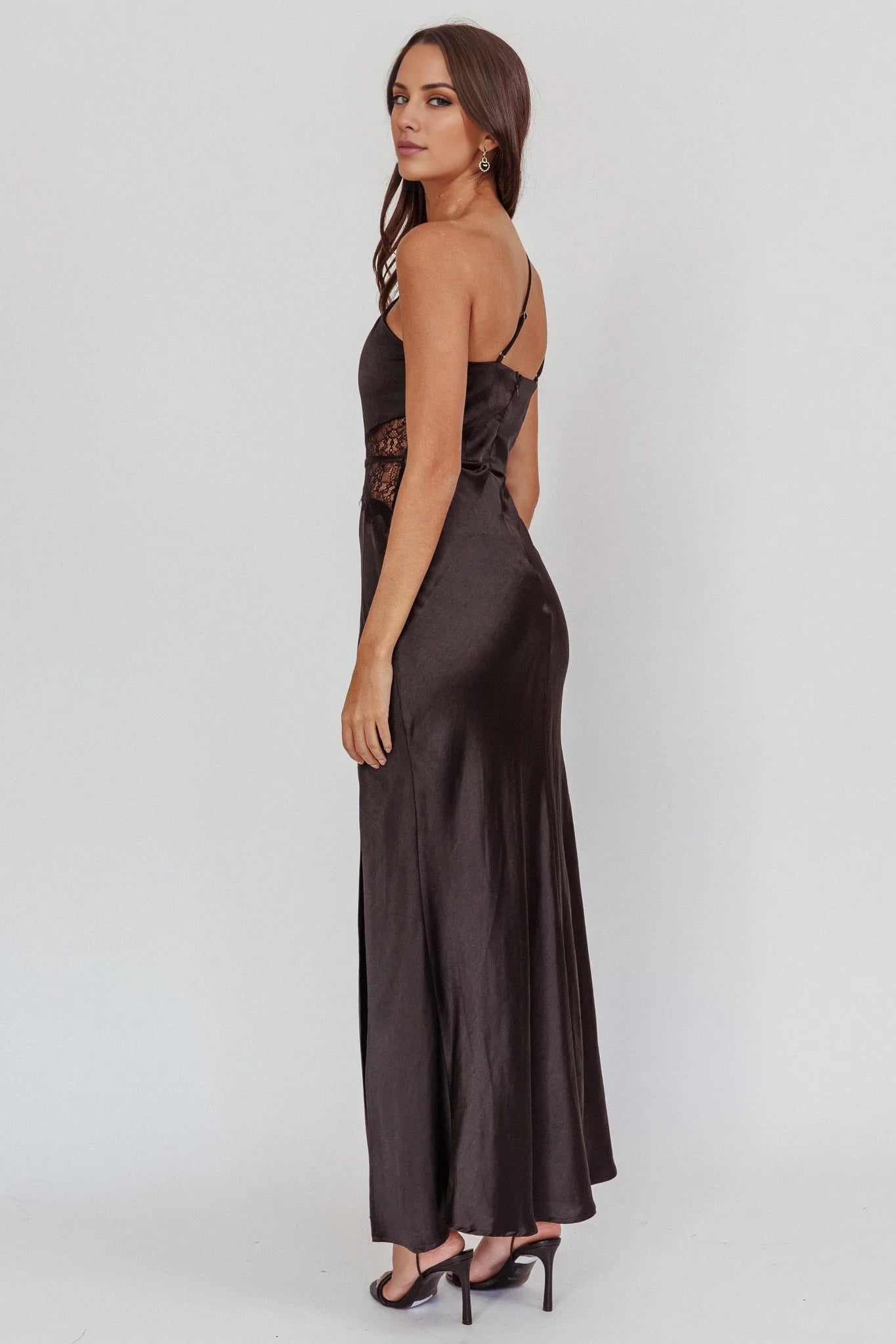 Gorgeous one shoulder extra long shoulder pleat adjustable thin shoulder strap lace waist belt with side leg slits bridesmaid dress