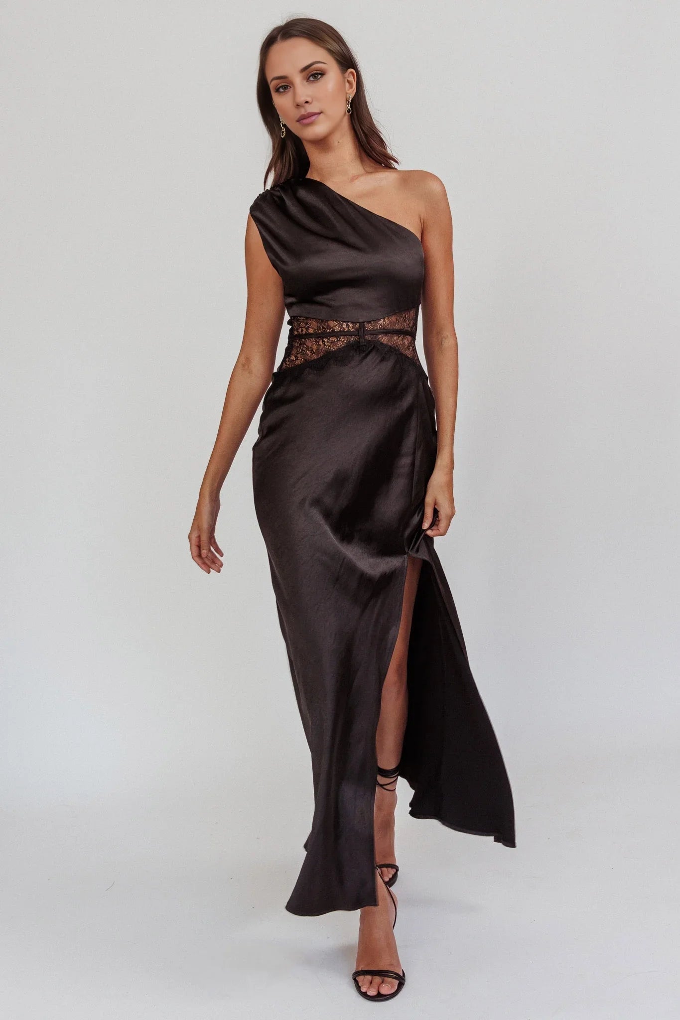 Gorgeous one shoulder extra long shoulder pleat adjustable thin shoulder strap lace waist belt with side leg slits bridesmaid dress