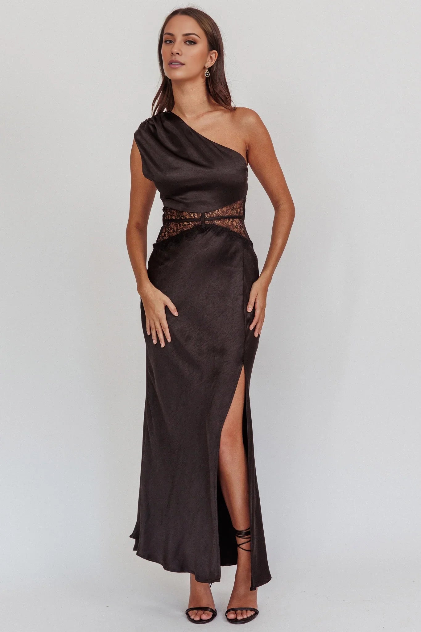 Gorgeous one shoulder extra long shoulder pleat adjustable thin shoulder strap lace waist belt with side leg slits bridesmaid dress